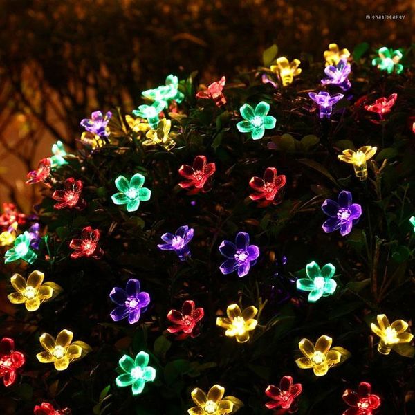 Stringhe 7M 50 LED Peach Sakura Flower Solar Waterproof Lamp Power RGB LED String Fairy Lights Garden Christmas Holiday Outdoor Decor