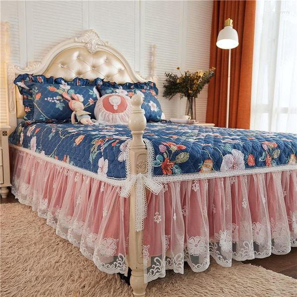 Saia da cama luxuosa princesa floral coreana algodão Quilted renda de travesseiros de colchão de pilhas de colchão 1/3pcs