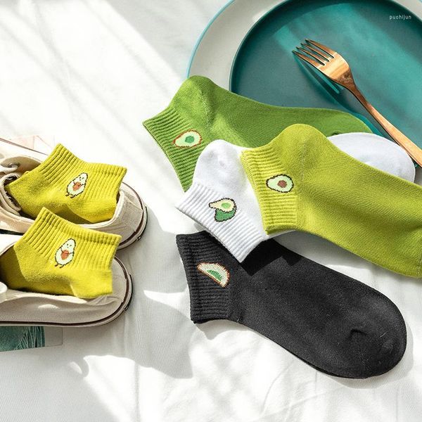 Mulheres Socks 3Pairs Cotton Set Set Green Abacate Fruta engraçada Meia fofa Harajuku Japanese Casual Girl Tornozelo Sox Presente de Natal