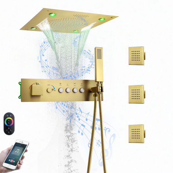 Lüks altın 16 inç LED duş başlığı müzik hoparlörü yağmur şelale banyo termostatik duş musluk seti