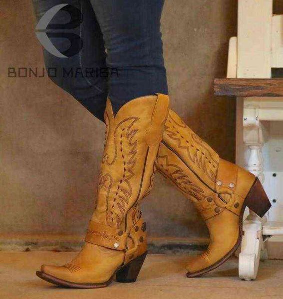 Stiefel bestickte Westernstiefel für Frauen Cowboy Kuh Mädchen große Größe 46 spitze Zehe klobiger Absatz kniehohe Stiefel Modeschuhe T220915