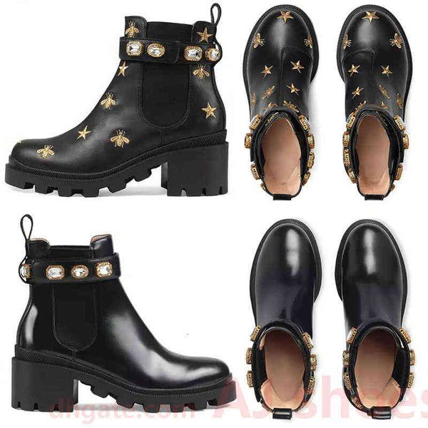 com Botas Caixa Feminina Designer Desert Boot Diamante Abelha Bordado Estrelas Couro Medalha Grossa Antiderrapante Sapatos de Inverno Tamanho Eu35-40 Altura