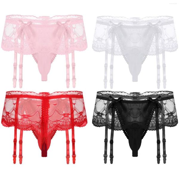 UNDUPTS MENS BULGE POUCH G-STRING LINGERIE ÇERÇEVE BAKIŞ DANTI SKEFRED GÖZLER SISSY SISSY iç çamaşırı Bowknot T-T-T-BACK JARTER KEMB İLE