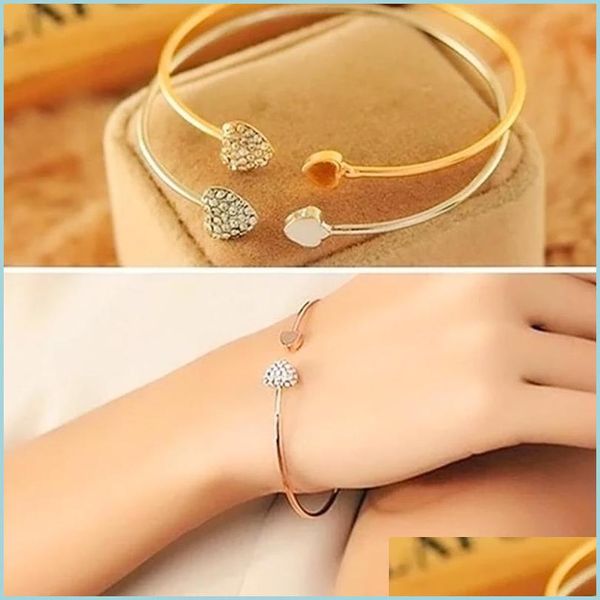 Bracciale rigido a forma di cuore con bracciale a forma di cuore, gioielli con strass, lega di cristallo, placcato oro e argento, bracciali femminili, moda o Dhseller2010 Dhdwc