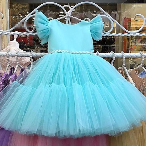 Vestidos de menina Flor azul boêmia para casamento com pérolas infantis bolo de bolo de aniversário de festas de festa primeiro comunhão