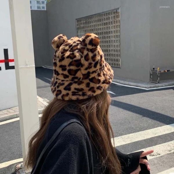 Cappelli a tesa larga Cappello da pescatore con stampa leopardata Donna Autunno Inverno Moda Simpatico orso Orecchie Peluche Calore Bacino spesso Secchiello in pelliccia sintetica