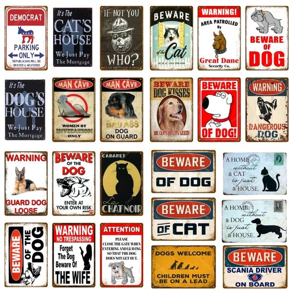 Cuidado com gatos, cães, pintura de metal, sinais de lata, aviso de cachorro, placa de parede solta, bar, cozinha, casa, arte, artesanato, decoração, homem, caverna, pôster, decoração, placas de artes de ferro, tamanho 30x20cm