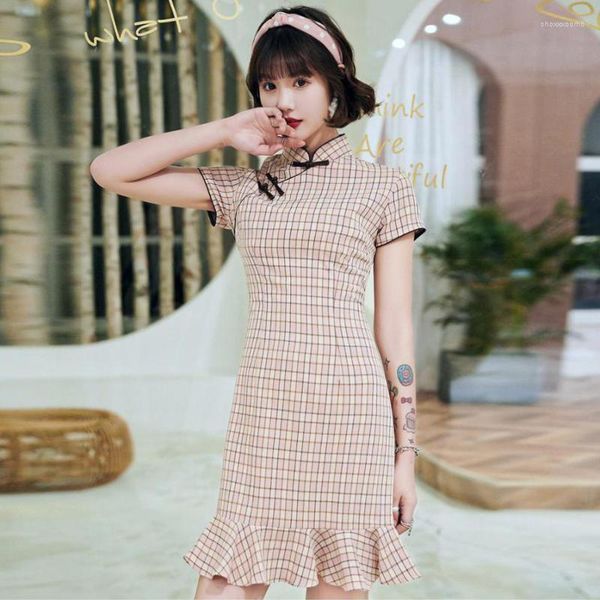 Ethnische Kleidung Chinesischer Stil Frauen Cheongsam Sommer Baumwolle Leinen Tägliches Kleid Plaid Vintage Handgemachter Knopf Fischschwanz Mini Qipao S-2XL