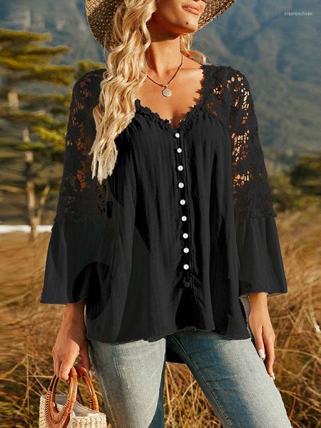 Blusas femininas Lady Office V Neck Lace Blush Casual Streetwear Solided Women Women Shared Sleeve Shirts 2022 Back Hollow Elegant Chic Top