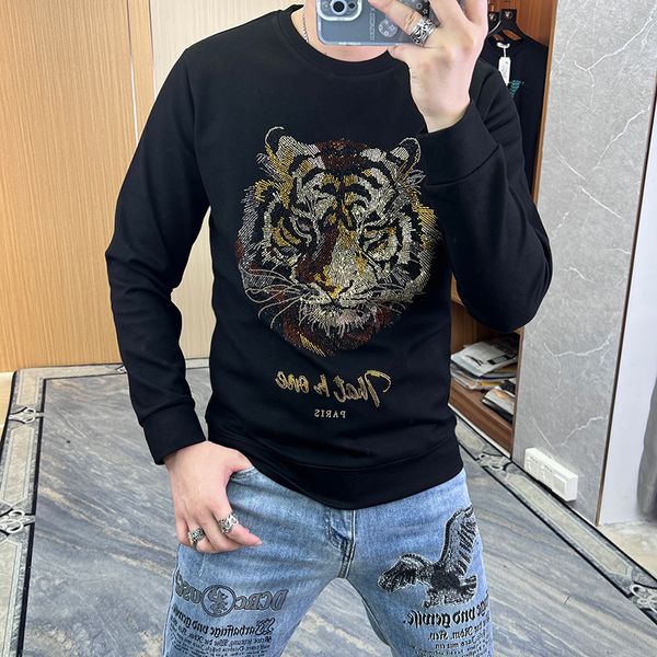 Masculino hoodies cabeça de tigre quente strass tendência camisola dos homens festa casual moda outono inverno homem camisa de fundo pulôver roupas M-5XL