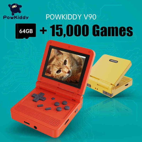 Lettori di giochi portatili POWKIDDY V90 Schermo IPS da 3 pollici Flip Console portatile Console di gioco a doppio sistema aperto 16 simulatori Retro PS1 Regalo per bambini 3D Nuovo gioco T220918