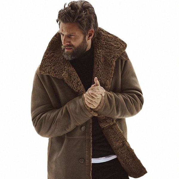 Giacche da uomo Uomo Inverno Vintage Uomo Cappotto di pelliccia di pelle Faux Brown Moto Bomber Shearling Button I5gd #