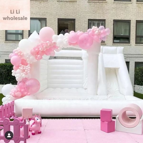 Castello combinato di rimbalzo bianco da matrimonio in PVC con scivolo e vasca per palline Letto da salto Castello gonfiabile buttafuori rosa House moonwalk per giocattoli divertenti