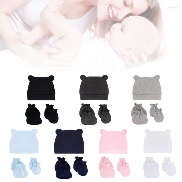 Kleidungssets Babymützen Fäustlinge und Socken Set Born Bear Ears Baumwolle Säuglingsmützen für Jungen Mädchen Beanie 7 Farben erhältlich