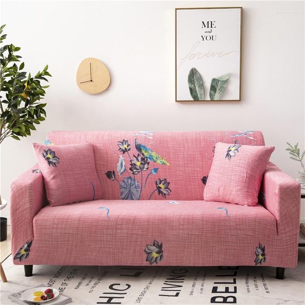 Stuhlhussen, rosa Stretch-Sofabezug, buntes Federmuster, Schnittcouch, All-Inclusive-Möbelschutz