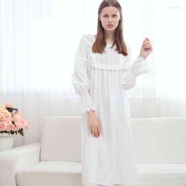 Roupa de Dormir Feminina Estilo Europeu Marca Feminina Vestido de Dormir Doce Plissado Branco Retro Manga Longa Princesa Algodão Puro Camisola Vintage