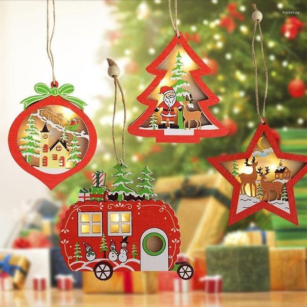 UPS Weihnachtsdekorationen, LED-Dekoration, leuchtender Baum, Holzanhänger, Stern, Weihnachtsmann, Ornamente, DIY-Basteljahr