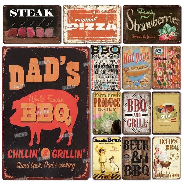 Retro Metal Painting BBQ Zone Targa in metallo personalizzata Vintage Dads Yard Decorazione per feste all'aperto Cucina Camera Piatto Barbecue Regole Slogan Segni in metallo