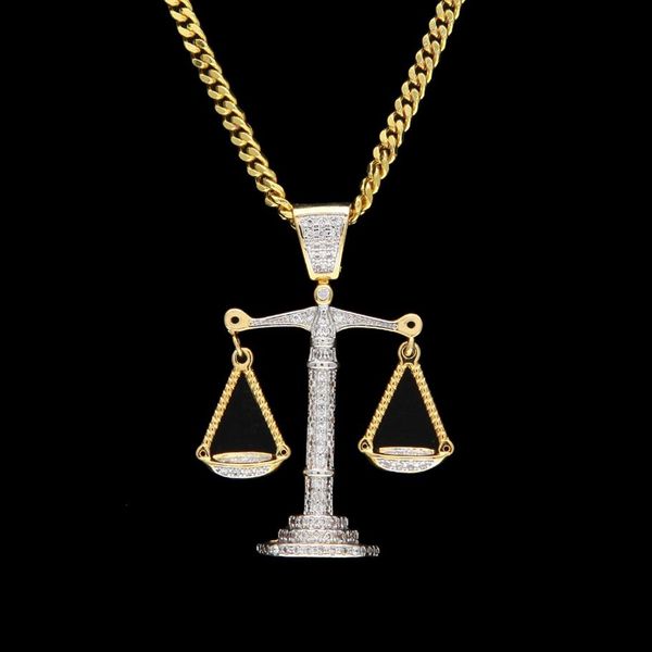 Iced out Zircon Balance Libra Scale Pingente Silver Gold Copper Material Mens Hip Hop Pingente com colares de corrente de liga￧￣o cubana261R