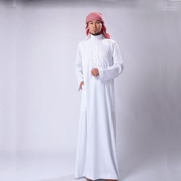 Ethnische Kleidung Saudi -Arabien traditionelle Kostüme Mann Muslim Jubba Thobe Feste weiße Standkragen Polyester Langes Roben Kleid Islamische Tuch