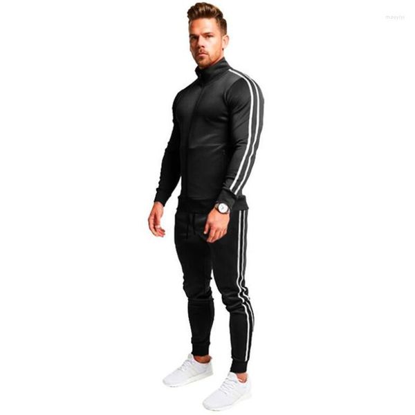 Men's Tracksuits Zipper Sportswear Sports Sports 2 conjuntos de roupas de impressão com capuz com capuz calças de capuz com mangas compridas desenho listrado