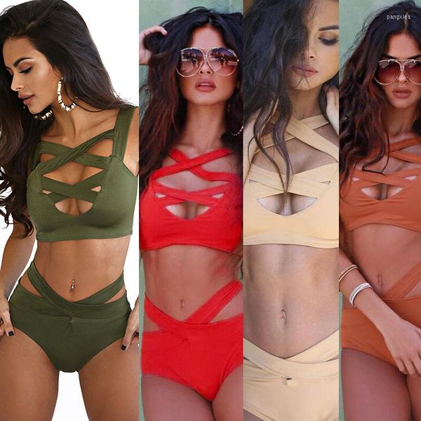 Menas de banho feminina 2022 feminino biquíni conjunta Sexy Bandage Green Orange Swimsus