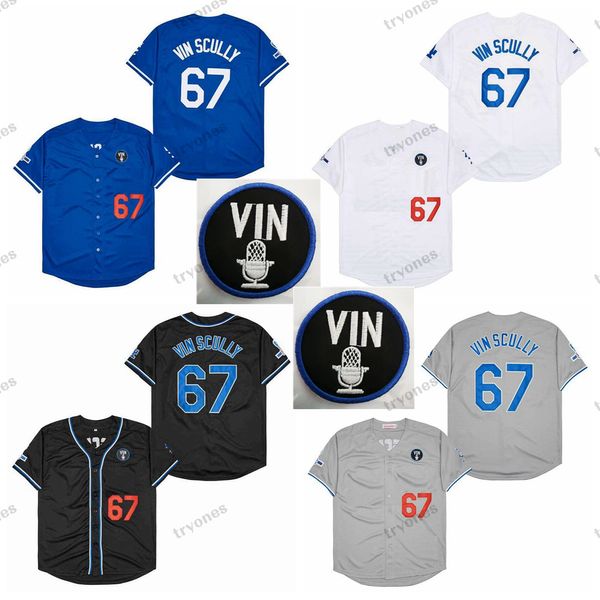 Maglie da baseball Uomo Vintage La 67 Vin Scully Maglie da baseball Voice 1950-2016 Patch Blu Bianco Grigio Nero Camicie da ricamo per la casa Ed