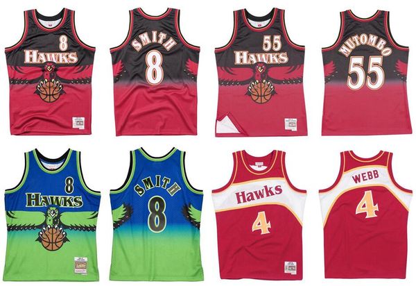 Maglia da basket Dikembe Mutombo # 55 Steve Smith # 8 Spud Webb # 4 Mitchell Ness Hardwoods Classics Maglia retrò da uomo di ritorno al passato