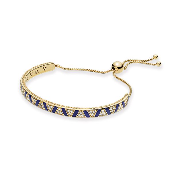 Blue Stripes Slider Yellow Gold Bracelet Женщины свадебные дизайнерские ювелирные украшения оригинальная коробка для серебряных серебряных браслетов Pandora