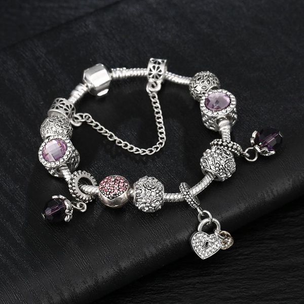 Pulseira de charme inteiro 925 pulseiras de prata Pandora para mulheres pulseira de coroa roxa de esferas de cristal roxo j￳ias diy com logo302m personalizado