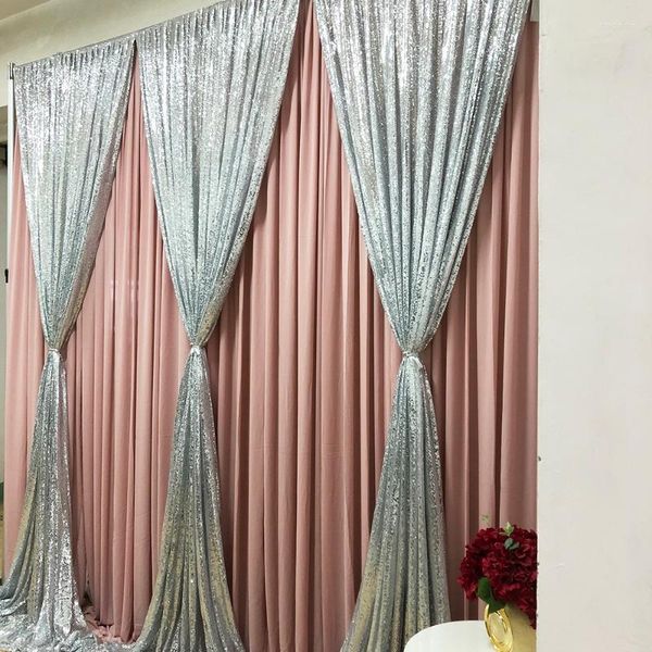 Party-Dekoration, 3 m H x 3 m B, errötender rosa Vorhang, silberner Pailletten-Drape, Hochzeitshintergrund