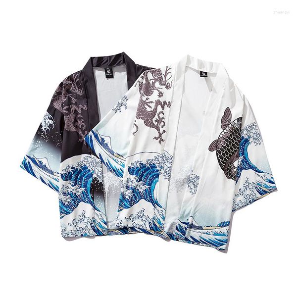 Мужские куртки 2022 Bebovizi Японская волна волна Koi Print Kimono Cardigan Mens Fashion Outwear Японская повседневная уличная одежда тонкие пальто