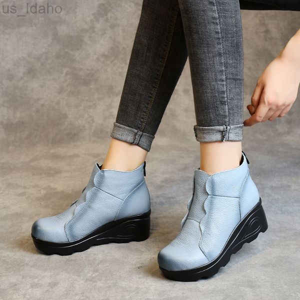 Stiefel Keilabsatz Schicke Schuhe Damen Designer Blau Echtes Leder Knöchel für Frauen Low Heels Rindsleder Mutter 2021 Damen L220920