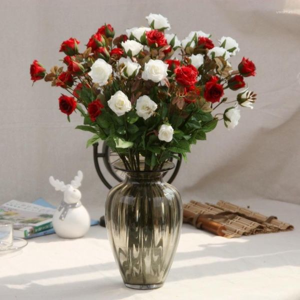 Fiori decorativi 3 teste Latex Rose Small Buds Decorazioni per la casa con tocco reale artificiale per feste di matrimonio o compleanni