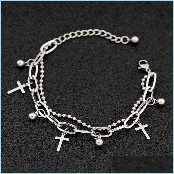 Charm-Armbänder Gothic Hip Hop Metall Kreuz Anhänger Charm Edelstahl Armband für Frauen Perlen 2 Layering Linked Chain Armbänder C Dhkxp