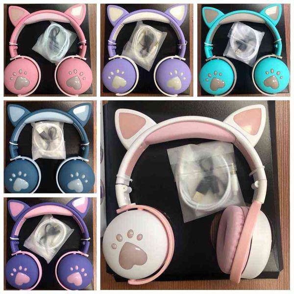 Headsets Nette Katze Kopfhörer mit Mikrofon 9D Stereo Kinder Mädchen Bluetooth Drahtlose Kopfhörer schließen licht für iphone Samsung Android T220916