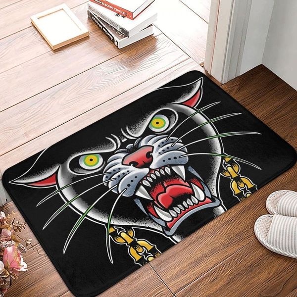 Teppich Gothic Anti-Rutsch-Fußmatte Küchenmatte Traditionelle Tattoo Panther Kopf Illustration Boden Willkommen Teppich Schlafzimmer Dekor 220919