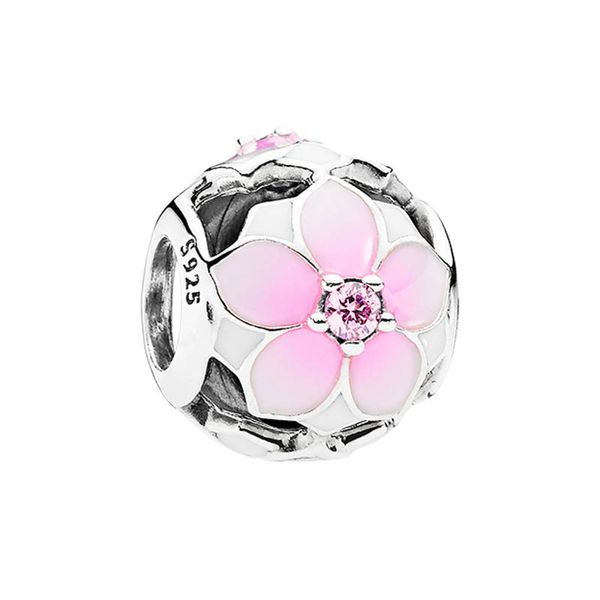 OpenWork Pink Magnolia Flower Charm Real 925 Sterling Silver Jewelry Acessórios com caixa de varejo original para colar de pulseira Pandora