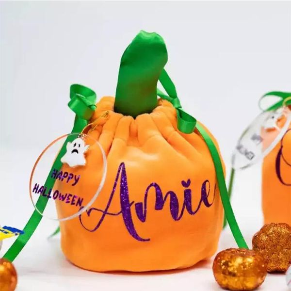 Borsa per caramelle per festival di zucca in velluto per feste Dolcetto o scherzetto Borsa per riporre il cioccolato con coulisse Decorazione di Halloween per bambino presente RRE14279