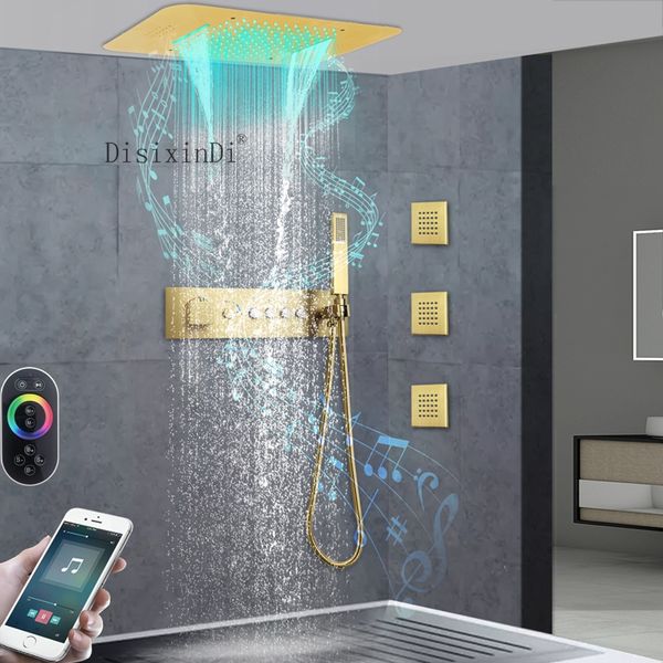 Soffione doccia a led da 23x15 pollici incorporato a soffitto con sistema di altoparlanti musicali Set di rubinetti per doccia termostatici a cascata per bagno a pioggia