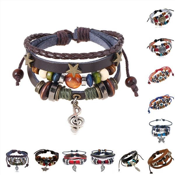 Vintage Bohemia Punk Note musical pingente charme corda multi -camadas de couro Multi Colors Bads Pulseira de homens ajustáveis ​​personalizados