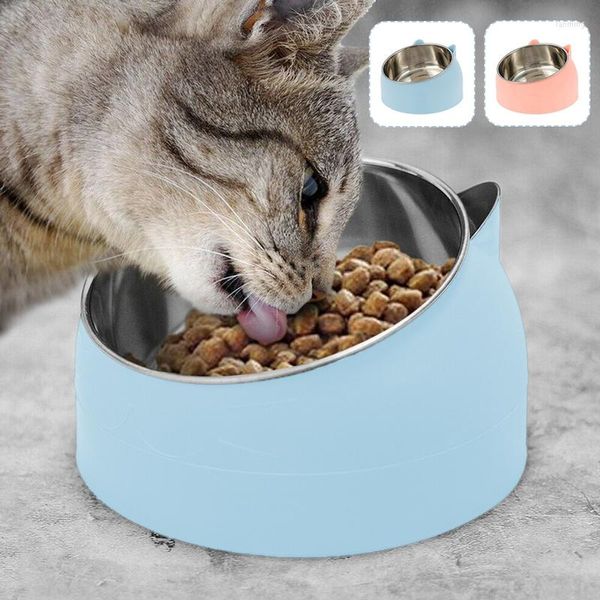 Tigelas de gato tigela de cachorro fofa aço inoxidável 15 graus Proteger proteger a coluna cervical Kitten Puppy Food Round Pets Supplies