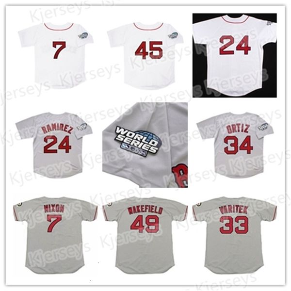 Glanik1 Custom 2004 Retro Manny Ramirez Jersey David 34 Ortiz 7 Trot Nixon 45 Pedro Martinez 49 Tim Wakefield 33 Jason Varitek cinza branco vintage branco