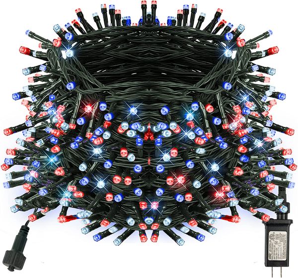 Blendende helle Lichterkette, Weihnachtsdekoration, rot, weiß und blau, 200 LEDs, 66 Fuß, 4. Juli, patriotisches Licht mit Modi, Plug-Dekorationen für Memorial Day, Party-Dekoration