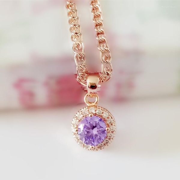 Collane con ciondolo Pendenti con collana color oro rosa rosa di forma rotonda di lusso con zirconi cubici viola carini gioielli da donna