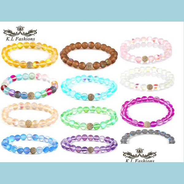 Fili di perline Fashion Glass Flash Stone Bracciale con perline 8Mm 6Mm Dl Polish Frosted Colorf Moonstone Perline Zircone Sfera di rame per Wom Dhntk