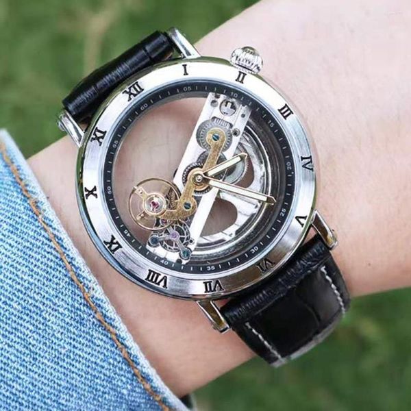 Armbanduhren Luxus Männer Transparent Design Mechanische Uhr Automatische Selbstaufzug Silber Getriebe Skeleton Edelstahl Gürtel Uhr Saati