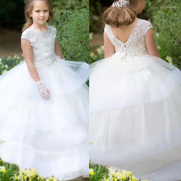 Abiti da ragazza per bambini Abito bianco da sposa con fiori Prima comunione Battesimo Principessa Occasioni speciali Abito da ragazza per festa di compleanno con volant