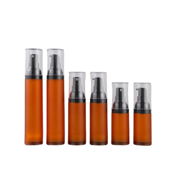 Boş kahverengi havasız plastik şişe pres losyon ince sis püskürtme atomizer pompa taşınabilir kozmetik vakum doldurulabilir şişe kalıcı 15ml 30ml 50ml