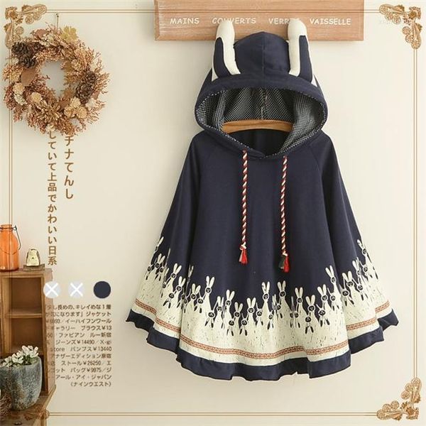 Damenjacken Großhandel - 2022 Frühling Frauen Harajuku Kawaii Jacke Japanischer Stil Mori Girl Niedliche Cartoon-Ohr Lose Kapuzen-Cape-Mantel 030404